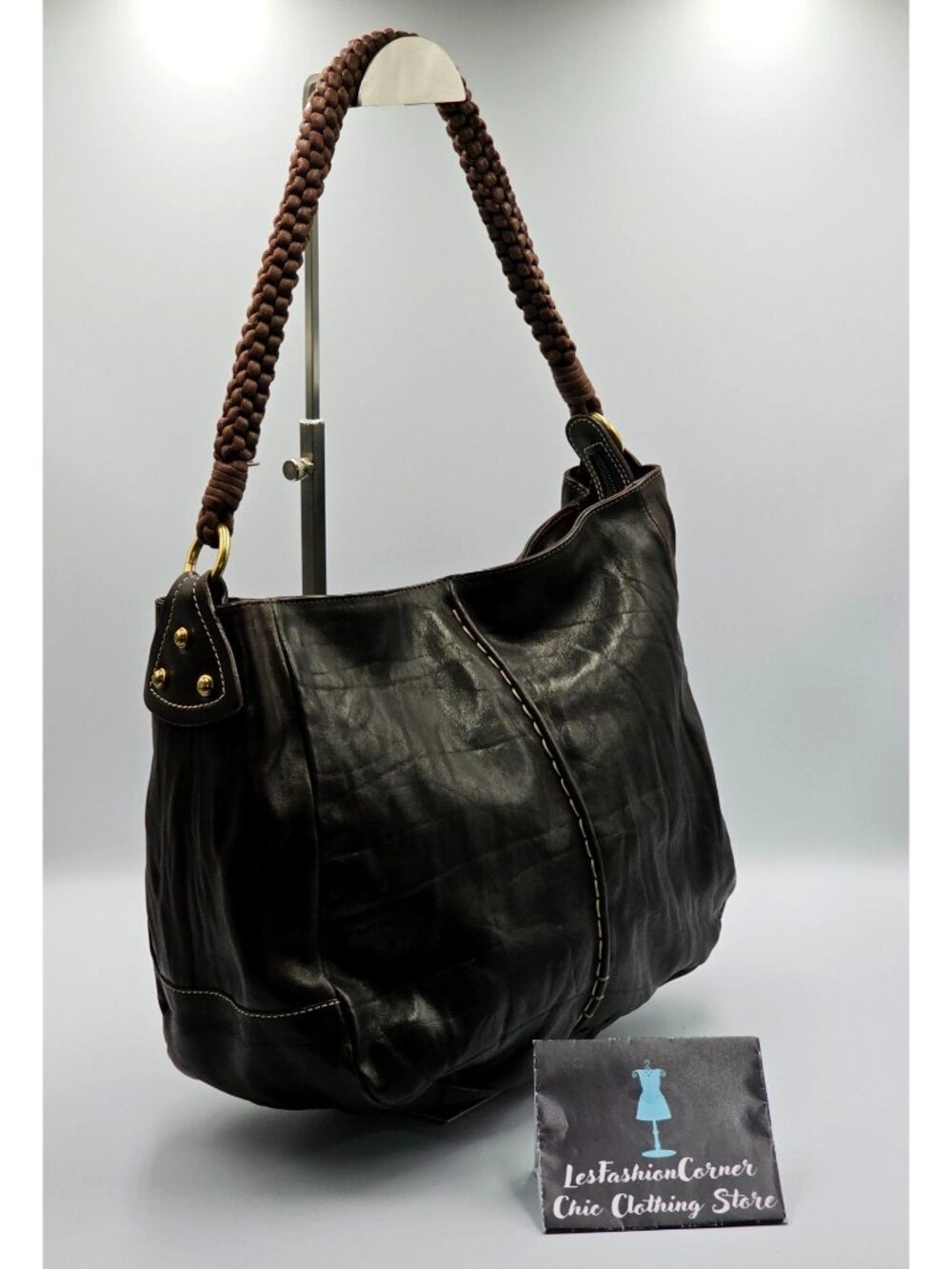 Christopher Kon Women's Brown Leather Braided Handle Shoulder Boho Bag Sz L 2561 - Picture 3 of 11